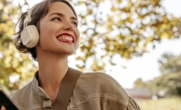 mujer con audifonos en el parque velocidad-de-conexion-de-la-fibra-optica-